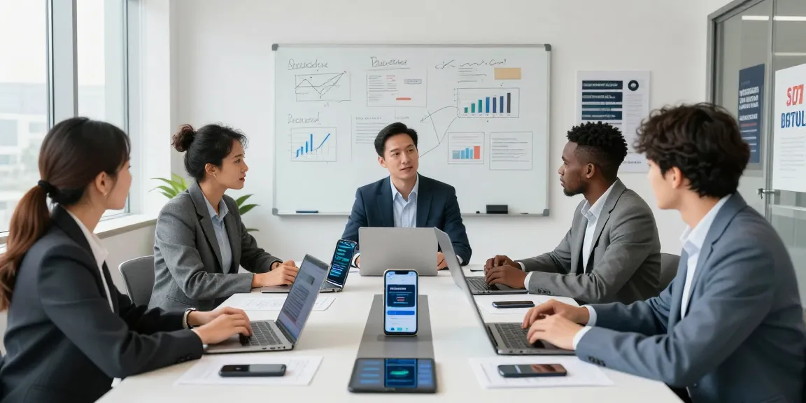 Collaboration around corporate mobile plans UK in a modern office meeting.