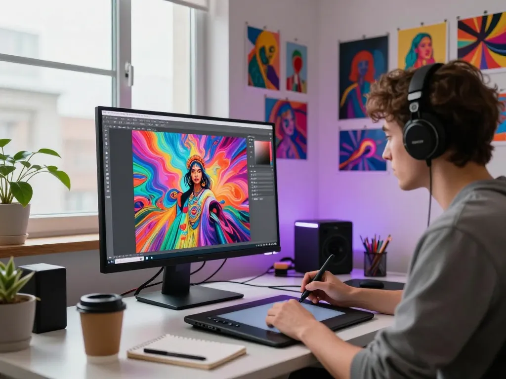 Artist creating AI porn content in vibrant digital studio, showcasing technology and creativity.