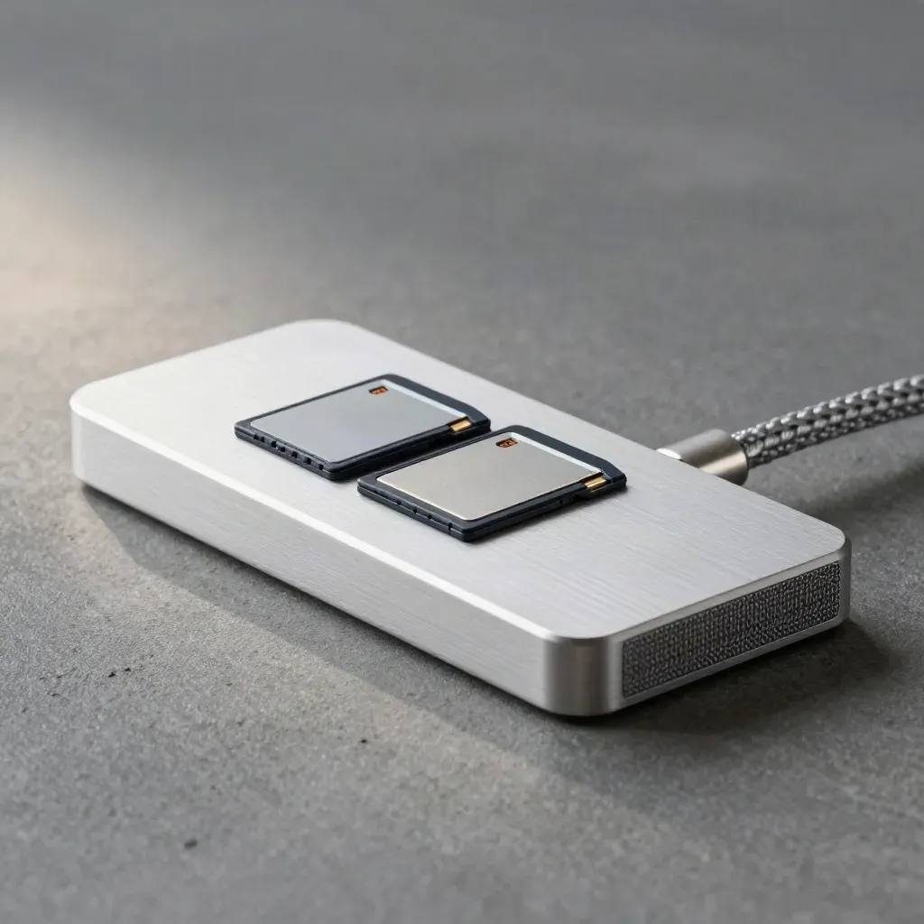 Mikro detail SSD disků, paměťových karet, kabelu a hliníkové dokovací stanice.