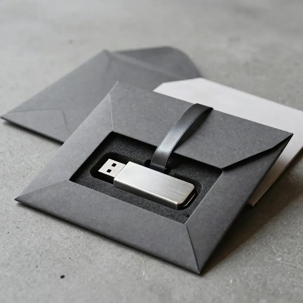 Archivační zásilka s USB diskem a pěnovou výplní na tmavém betonovém podkladu.