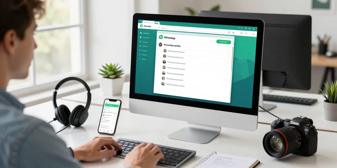 User engaging with WhatsApp網頁版 on a desktop in a sleek office, showcasing a modern tech workspace.